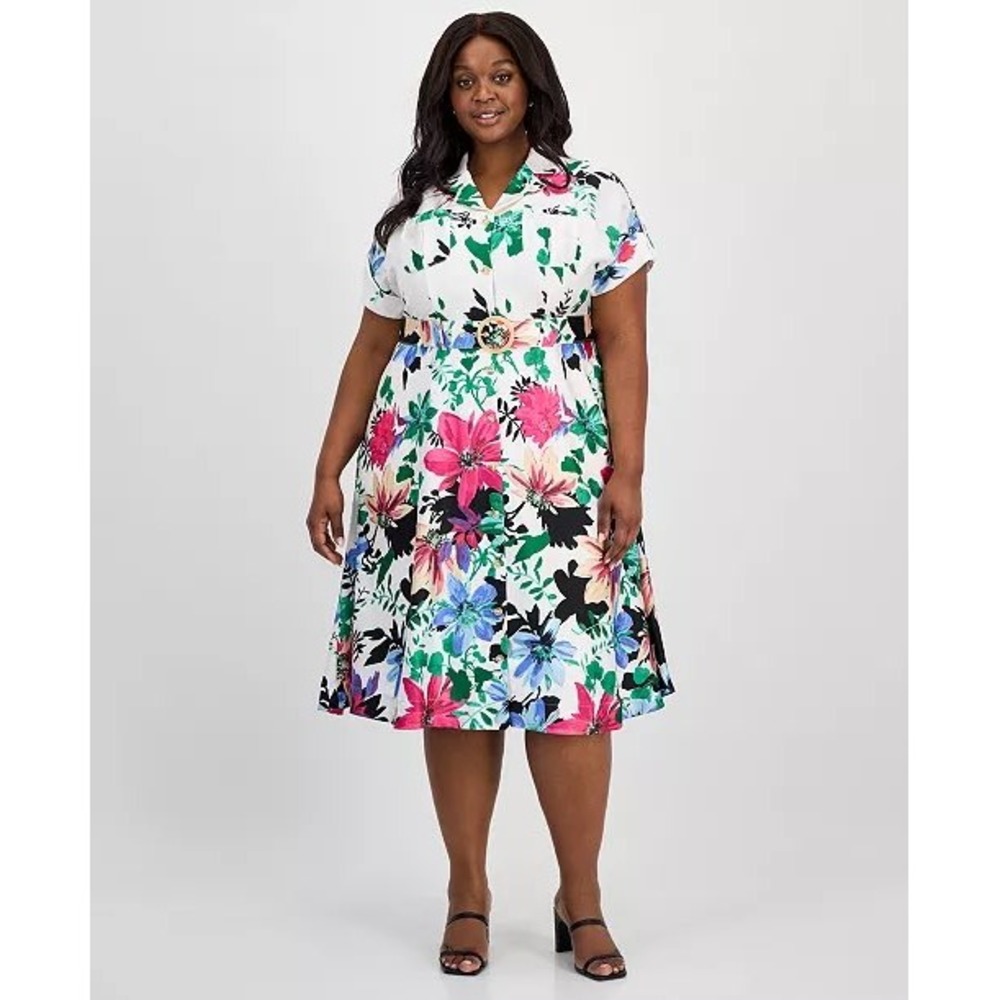 Tahari ASL Floral Print Belted Midi Shirtdress White Pink Blue Plus Size 22W NWT